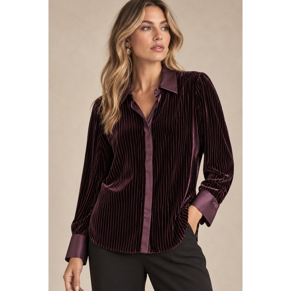 Elie Tahari Purple Burnout Velvet Silk Blend Stripe Blouse E91VJ509 NWT